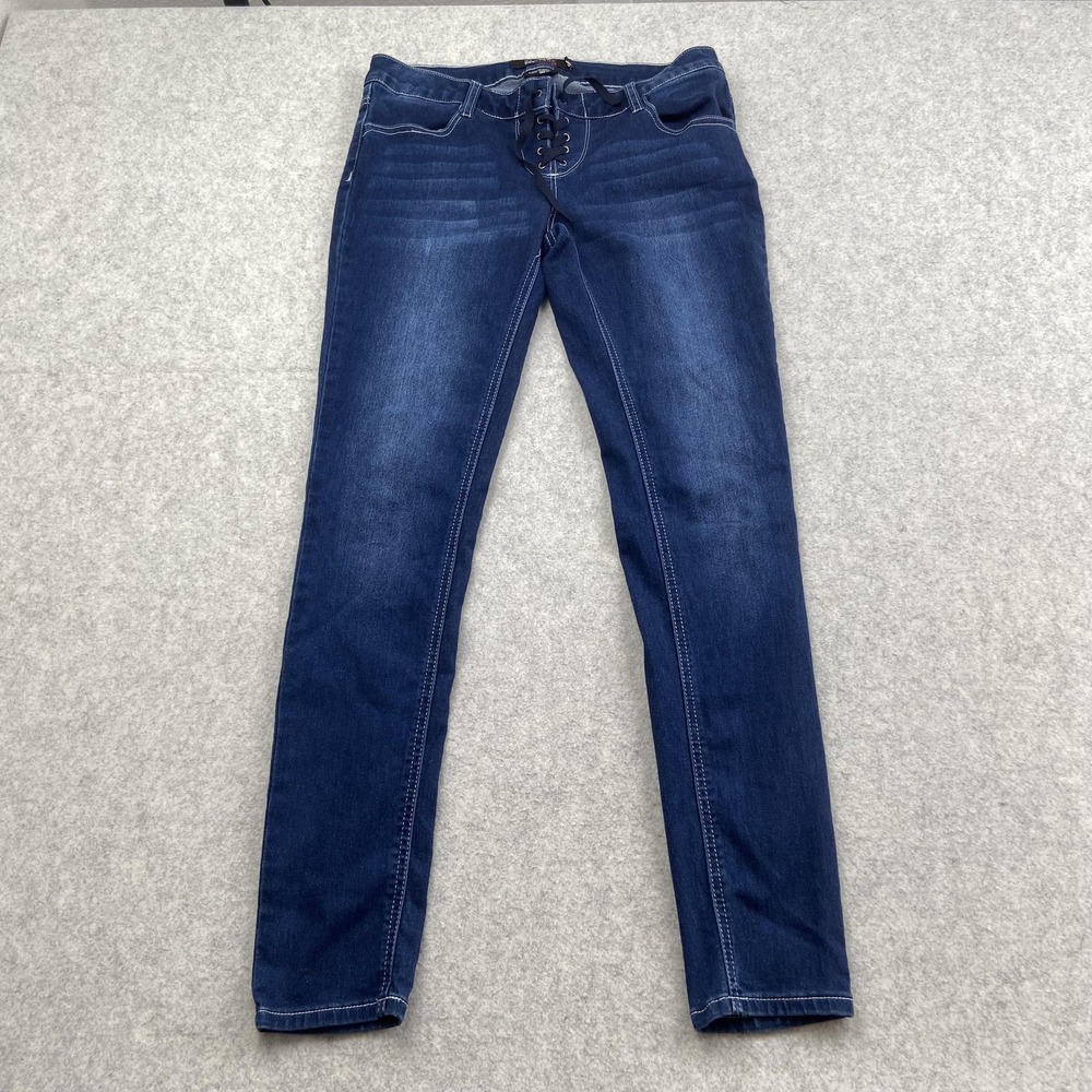 Rampage Super Skinny Jeans Juniors 11 (32x30) Blue Dark Wash Lace Up Stretch